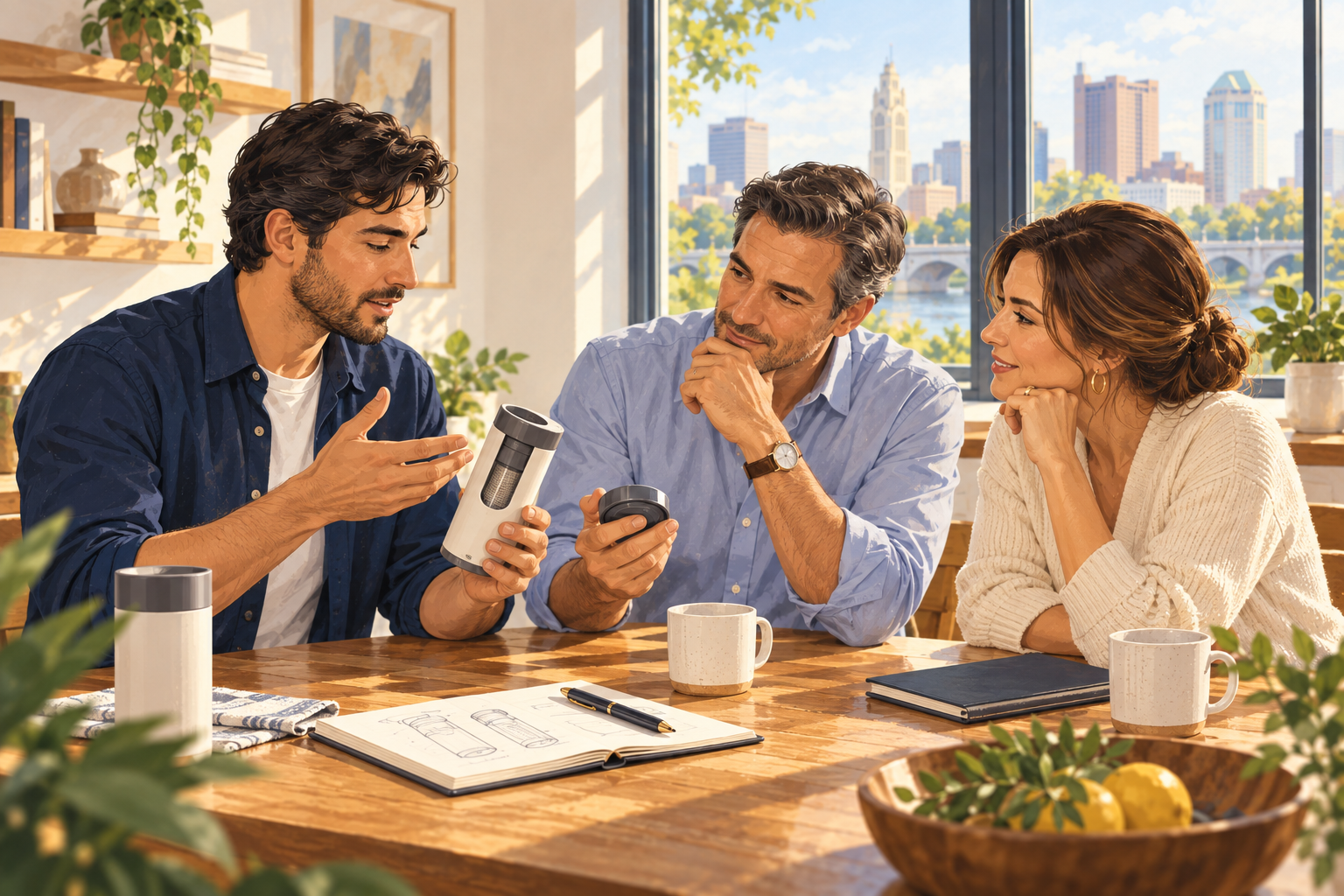Illustration of a founder demonstrating a product to an investment team at a sunlit kitchen table, with the Columbus skyline beyond