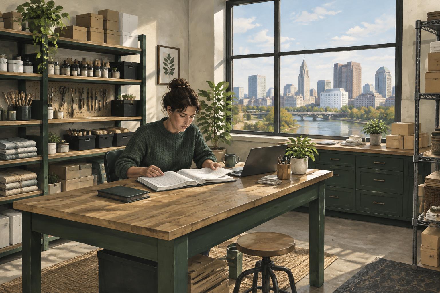 Illustration of a small-business owner reviewing a ledger in a sunlit workshop overlooking the Columbus skyline
